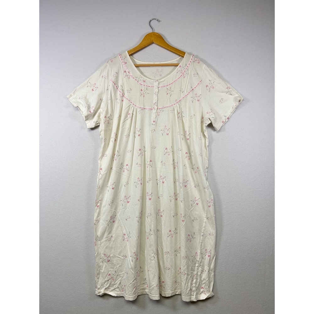 Coquette Grandmacore Nightgown Women Large Cream Pink Floral‎ Cotton Sleep Dress